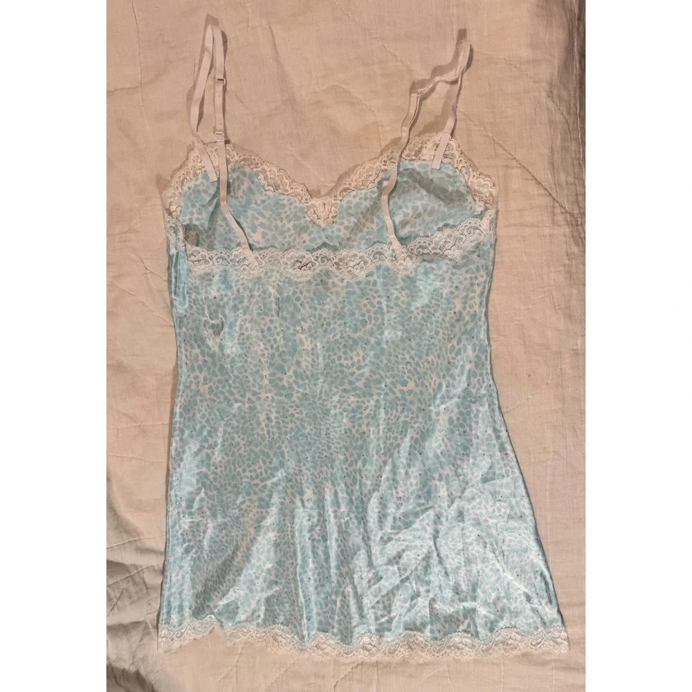 Victorias Secret Blue Leopard Satin Lace Trim Slip Dress Med Rhinestone Nighty